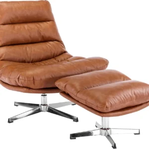 Comfy Accent Swivel Lounge Chair with Ottoman, Faux Leather Upholstered Oversized Club Chair, for Living Room/Bedroom, Brown