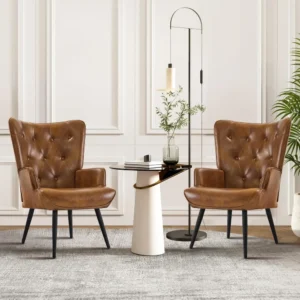 Living Room Chair.Accent Chairs Set of 2 Brown PU Leather Chair Reading Chair Armchair with High Backrest, Wingback Corner Chair